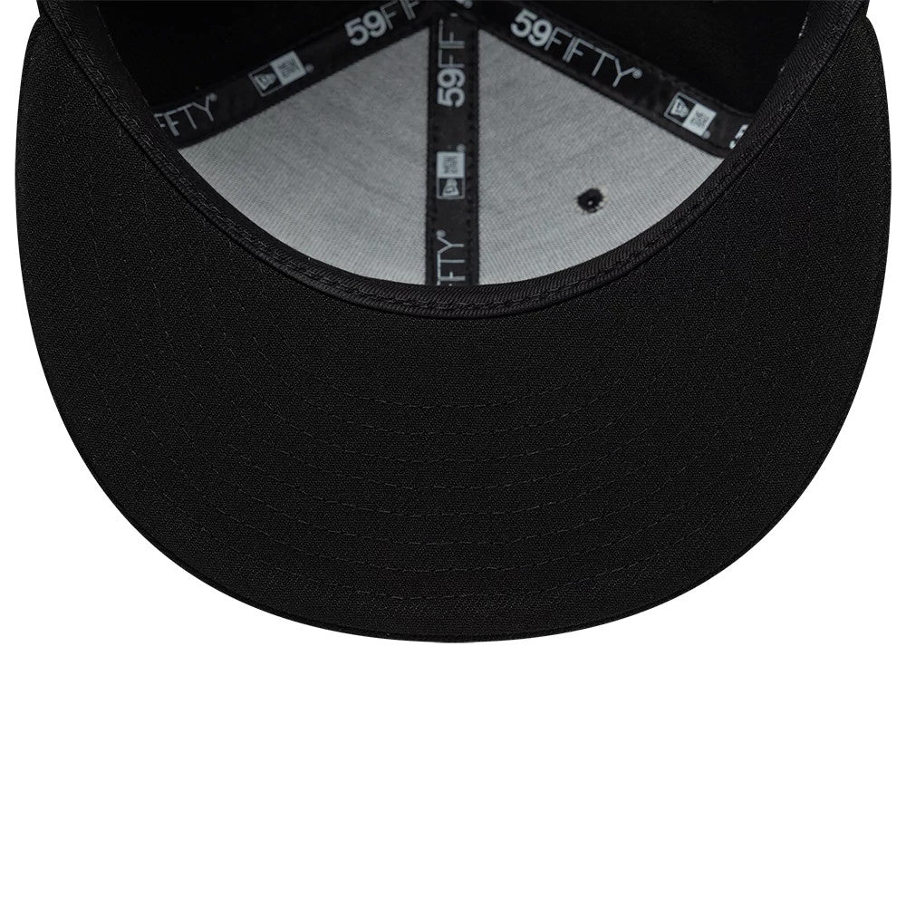 New Era Floral Black 59FIFTY Fitted Cap, inside view showing a black sweatband with New Era and 59FIFTY branding on the taping, a grey undervisor, and the black panels of the cap's interior.