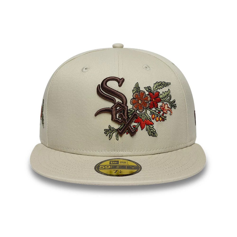 Chicago White Sox MLB Floral Light Beige New Era 59FIFTY Fitted Cap, front view showing a brown and floral embroidered Sox logo on the structured light beige crown, with a matching flat visor and gold 59FIFTY size sticker.