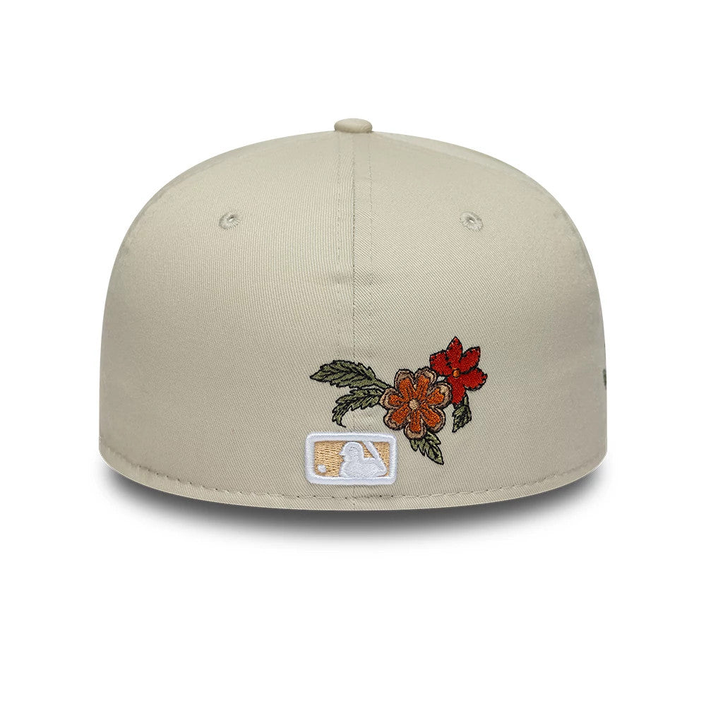Chicago White Sox MLB Floral Light Beige New Era 59FIFTY Fitted Cap, rear view showing embroidered red and orange floral design above the MLB Batterman logo in white and gold, set low on the structured light beige crown.