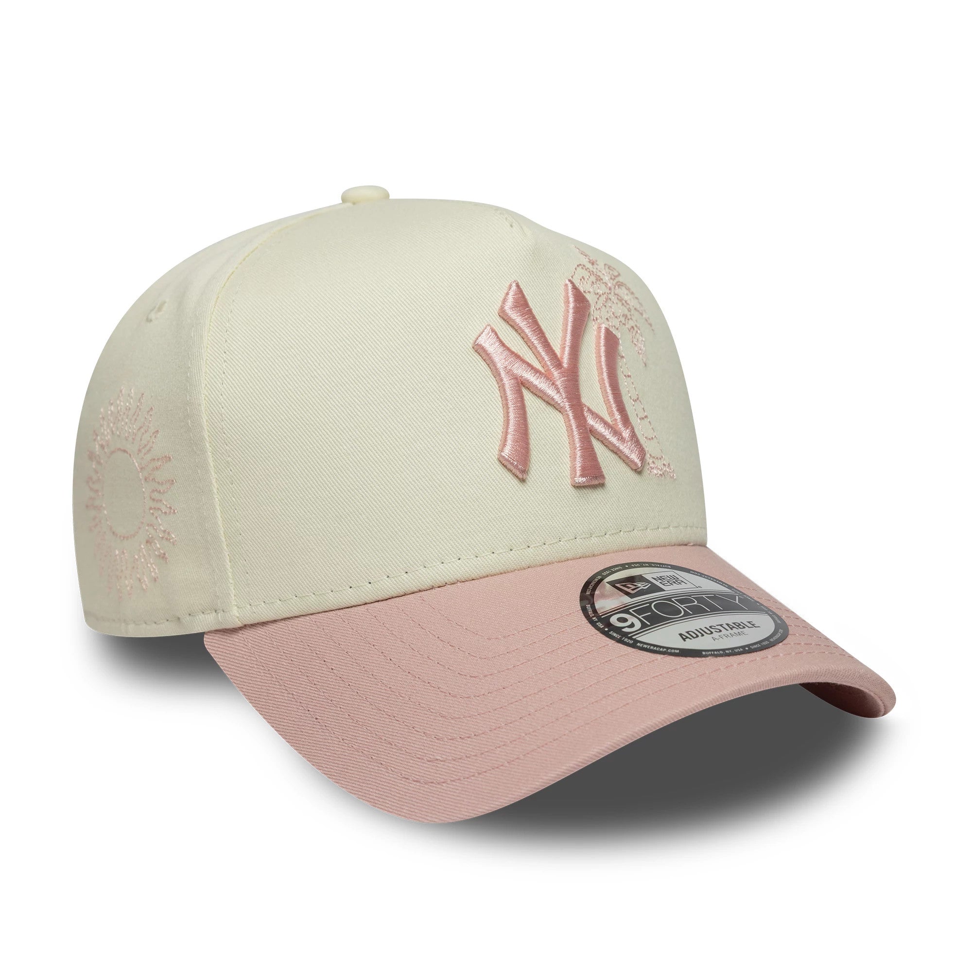 Pictured is this MLB Palm New York Yankees 9FORTY A-Frame cap in white & pink. 3