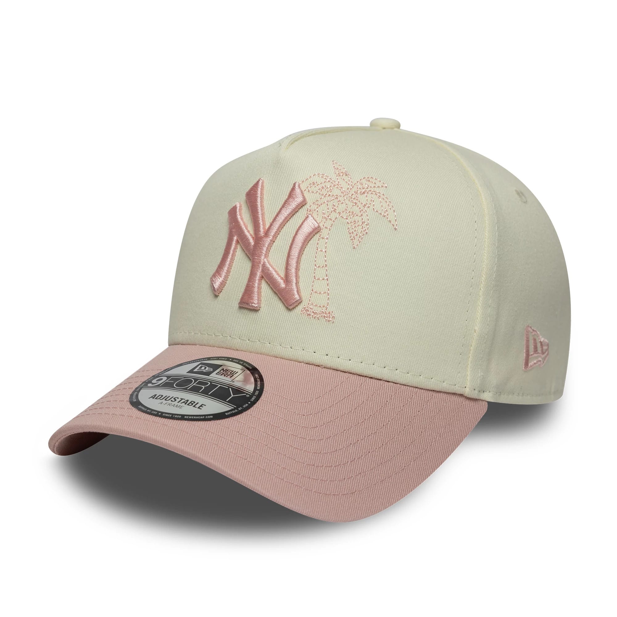 Pictured is this MLB Palm New York Yankees 9FORTY A-Frame cap in white & pink. 1