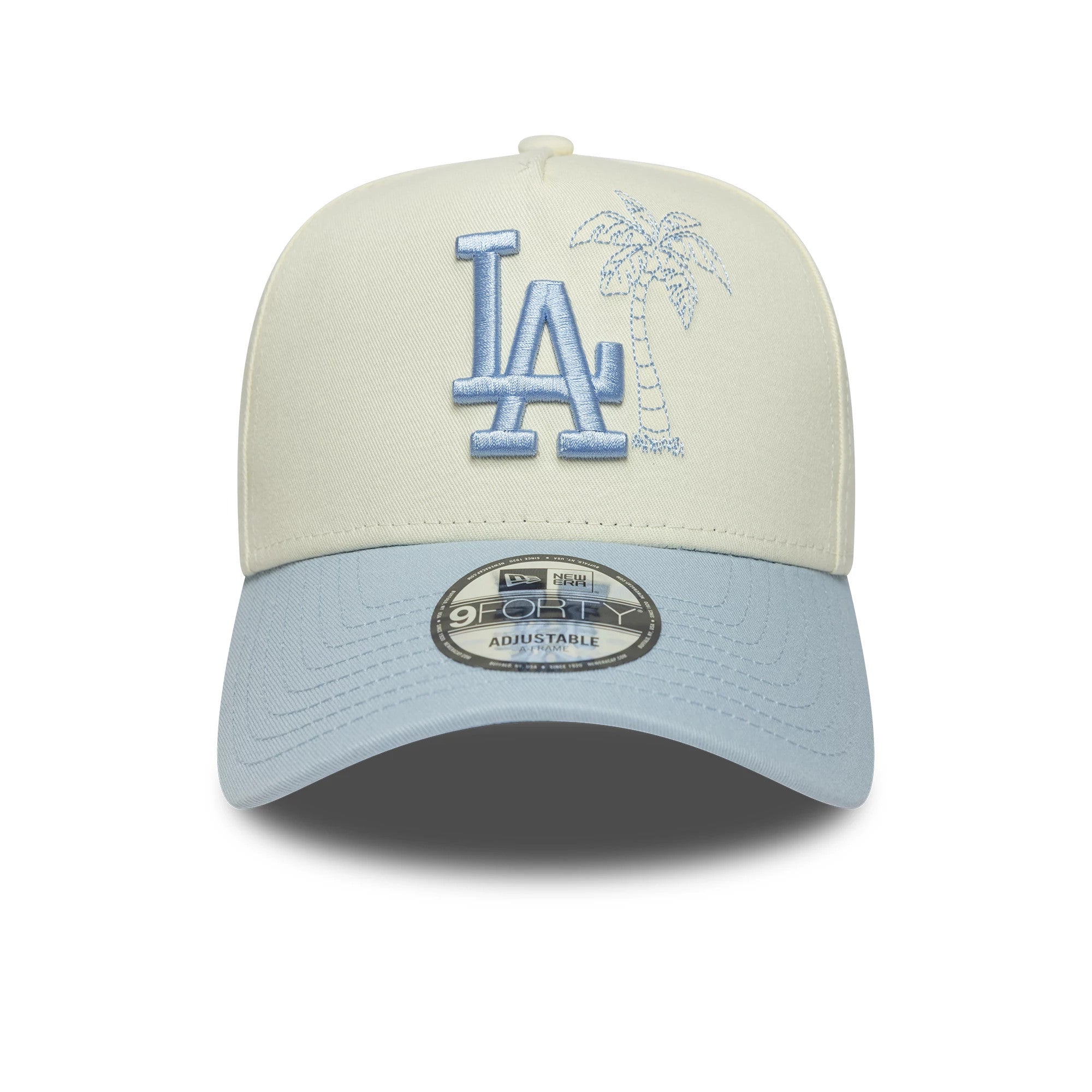 Pictured is this MLB Palm LA Dodgers 9FORTY A-Frame cap in white & blue. 2