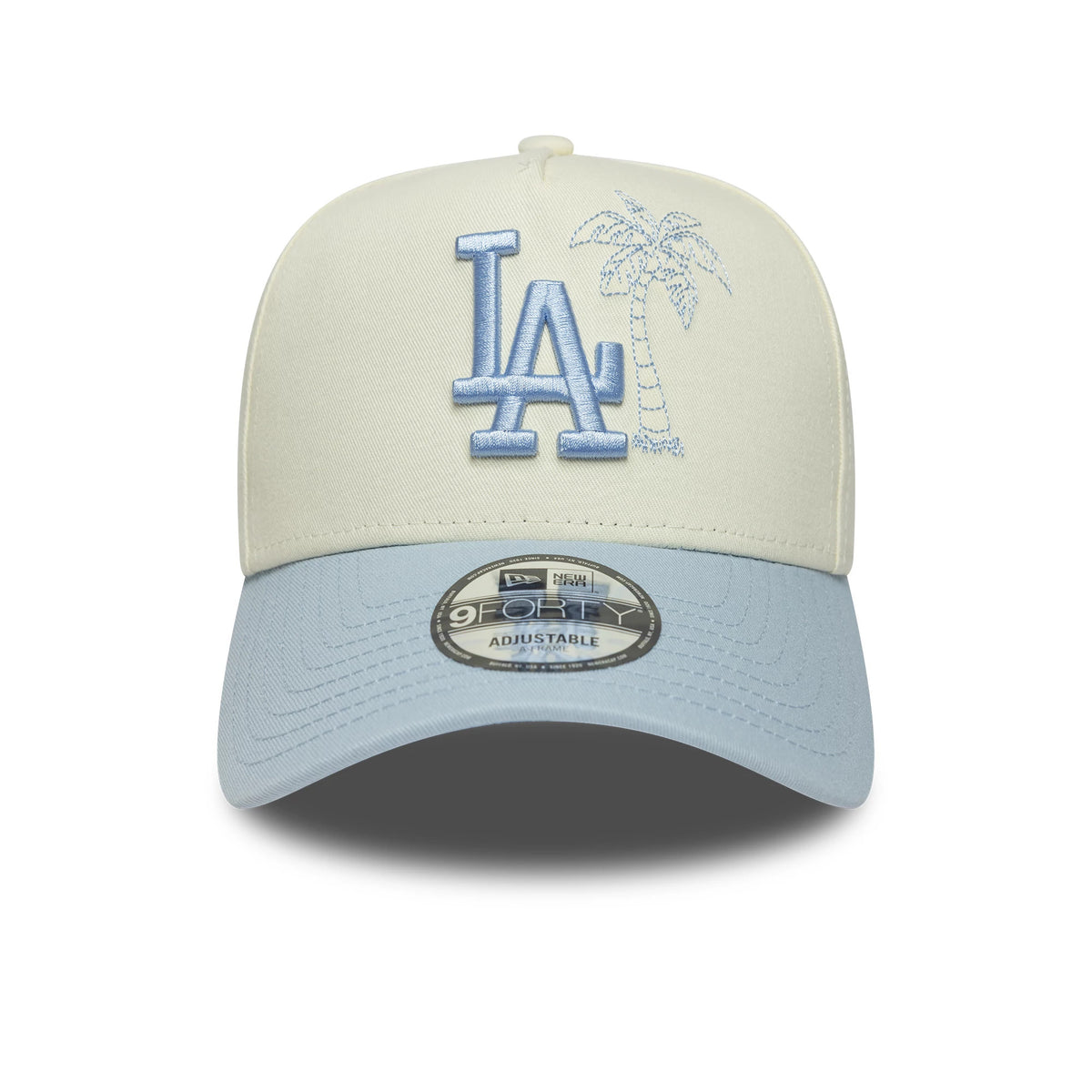 LA Dodgers MLB Palm White & Blue New Era 9FORTY A-Frame Adjustable Cap, front view showing a light blue embroidered LA logo and palm tree on the white front panel, with a light blue curved visor and a 9FORTY size sticker.