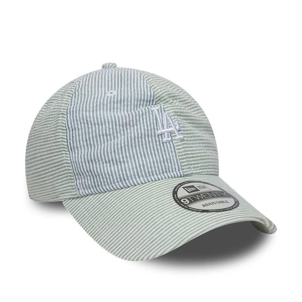 LA Dodgers MLB Stripe Green & Blue New Era 9TWENTY Adjustable Cap, front view showing the white embroidered LA logo on the green and blue striped front panel, with a curved green visor and the 9TWENTY size sticker on top.