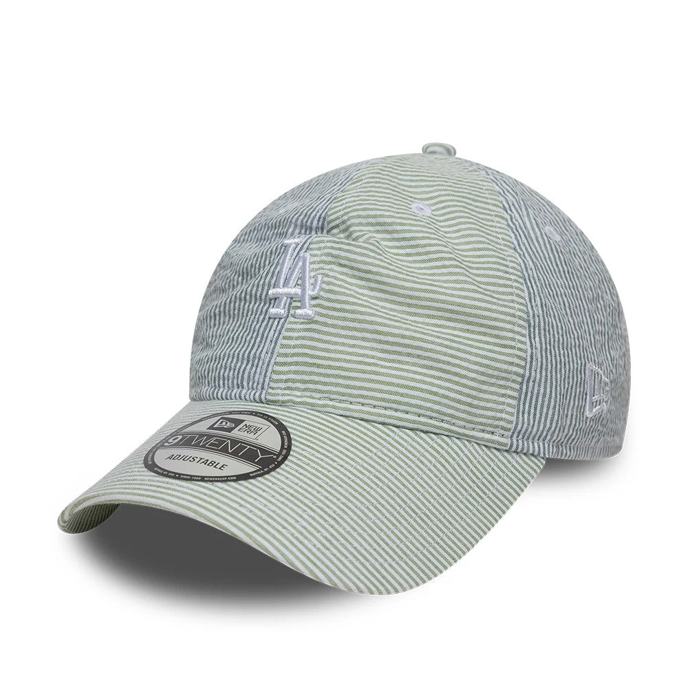 LA Dodgers MLB Stripe Green & Blue New Era 9TWENTY Adjustable Cap, three-quarter view showing the white embroidered LA logo on the front panel, a curved striped visor with a 9TWENTY size sticker, and the New Era flag logo on the left side.
