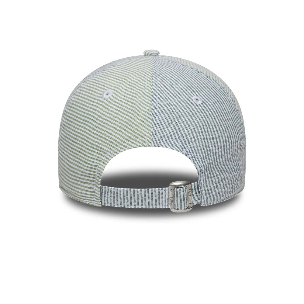 LA Dodgers MLB Stripe Green & Blue New Era 9TWENTY Adjustable Cap, rear view showing alternating green and blue stripe panels with the adjustable strap at the back, accented by white embroidered eyelets and a matching top button for a finish.