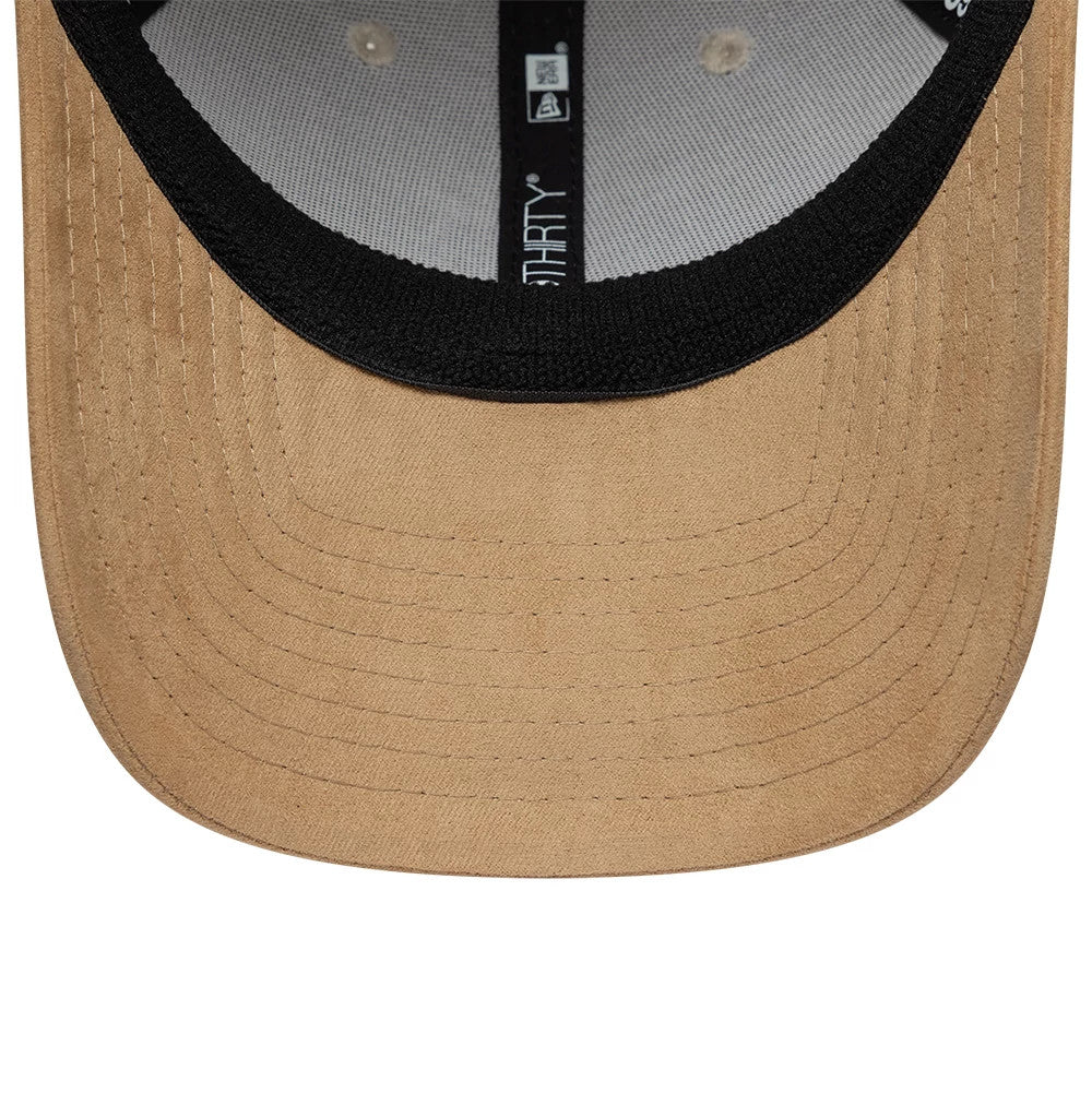 New Era Suede Visor Light Beige 39THIRTY Stretch Fit Cap, inside view showing the light beige suede material of the curved visor, the black sweatband, and the interior panel taping with the 39THIRTY logo prominently displayed.
