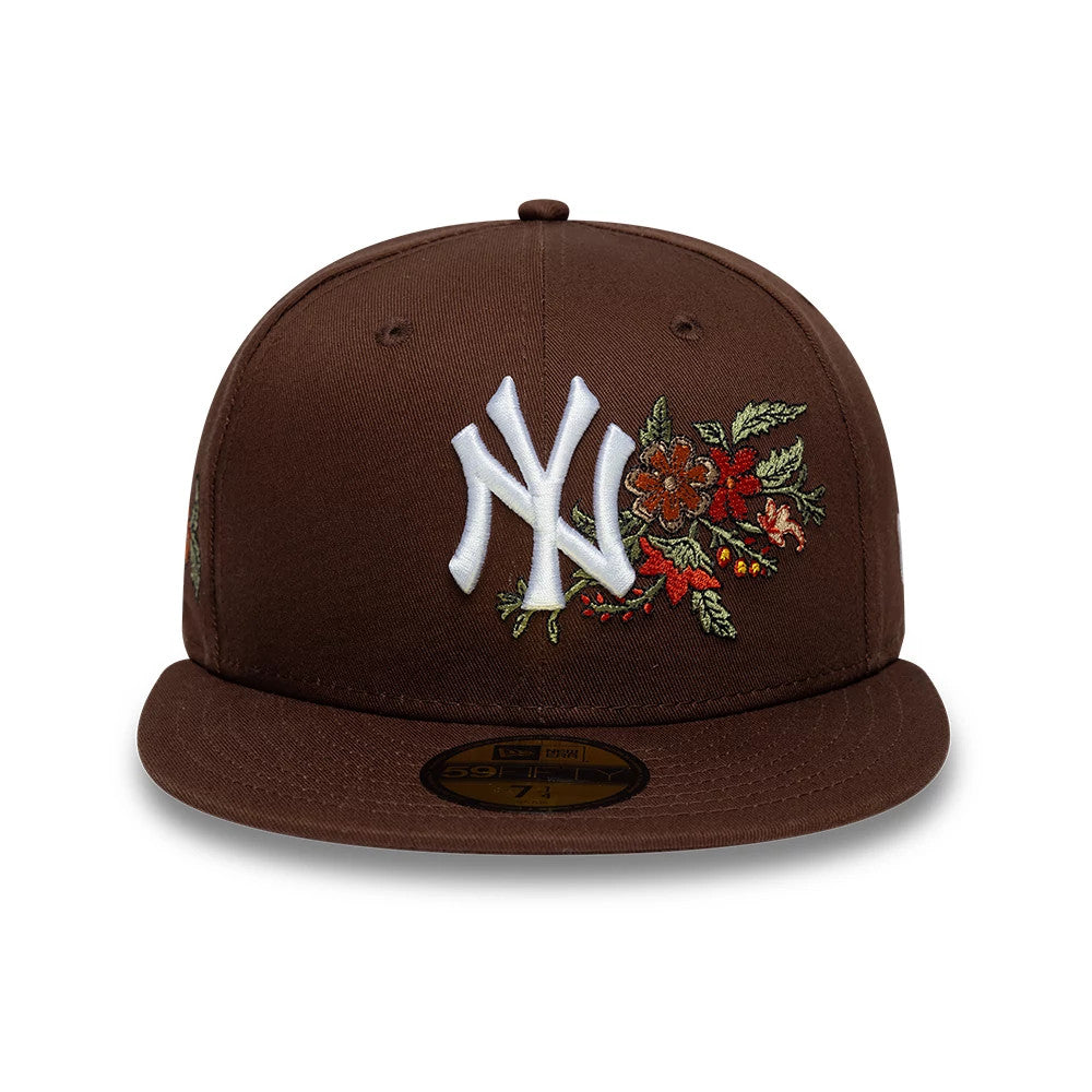 New York Yankees MLB Floral Dark Brown New Era 59FIFTY Fitted Cap, front view showing a white raised embroidered NY logo on the centre of the structured crown with detailed floral embroidery to the right.