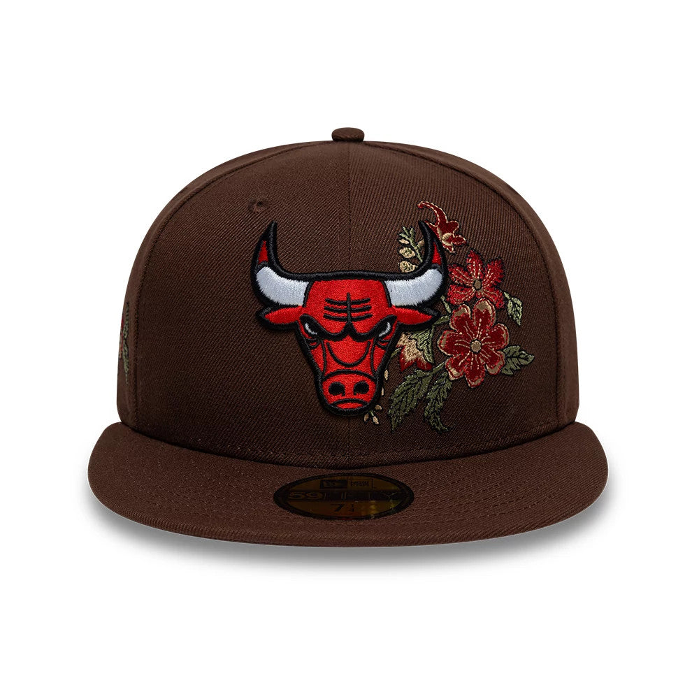 Chicago Bulls NBA Floral Dark Brown New Era 59FIFTY Fitted Cap, front view showing the raised red embroidered Bulls logo on the front panel, detailed floral embroidery to the right, and a gold 59FIFTY size sticker on the brown flat visor.