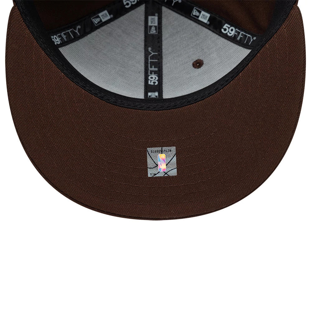 Chicago Bulls NBA Floral Dark Brown New Era 59FIFTY Fitted Cap, inside view showing grey taping with 59FIFTY branding, a grey sweatband, and a holographic sticker on the brown undervisor.