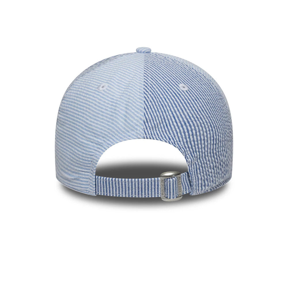 New York Yankees MLB Stripe Pastel Blue New Era 9TWENTY Adjustable Cap, rear view showing the adjustable fabric strap with a buckle, white embroidered eyelets on the structured stripe-patterned crown, and a fabric top button.