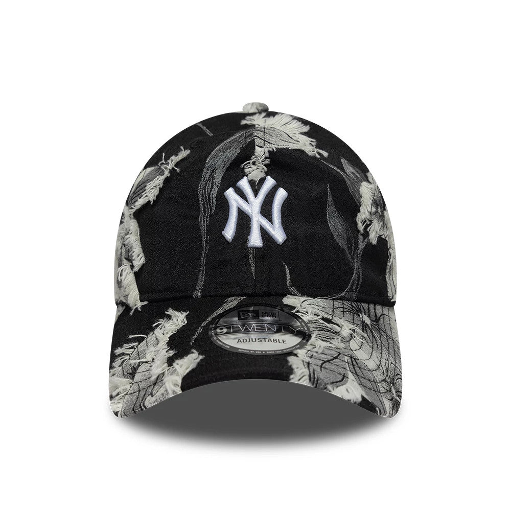 New York Yankees MLB Frayed Black New Era 9TWENTY Adjustable Cap, front view showing the white embroidered NY logo on the black crown with a frayed floral pattern and a 9TWENTY size sticker on the curved visor.