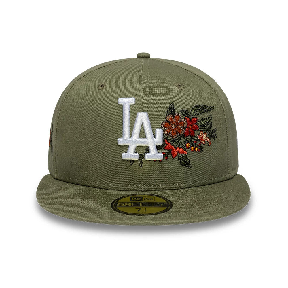 LA Dodgers MLB Floral Dark Green New Era 59FIFTY Fitted Cap, front view showing the white raised LA embroidery on the crown, with intricate orange and red floral designs, and a gold 59FIFTY size sticker on the flat dark green visor.
