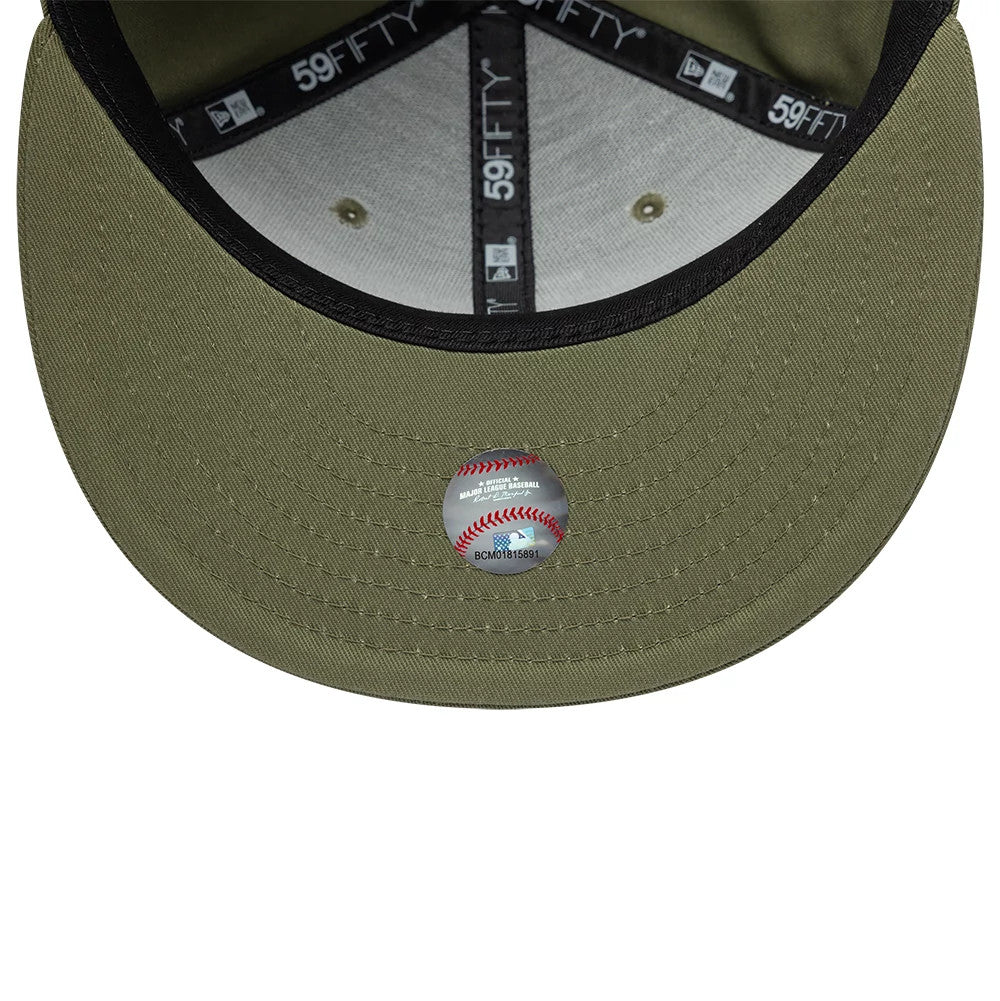 LA Dodgers MLB Floral Dark Green New Era 59FIFTY Fitted Cap, inside view showing the black New Era 59FIFTY taping along the seams, a grey sweatband, and an olive green undervisor with an MLB authentication sticker at the centre.