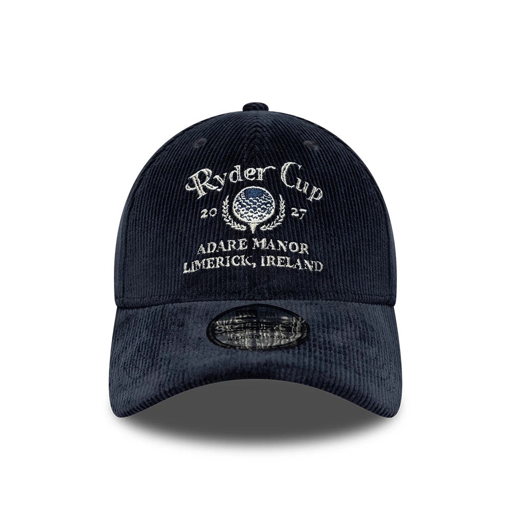 Ryder Cup 2027 Cord Navy New Era 39THIRTY Stretch Fit Cap, front view showing white embroidered Ryder Cup logo with 2027 and Adare Manor Limerick, Ireland text, on a dark navy corduroy fabric, featuring a 39THIRTY size sticker on the curved visor.