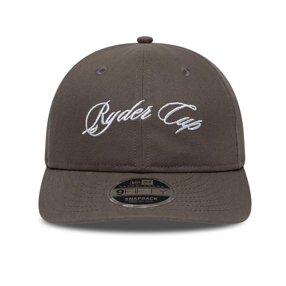 Pictured is this Ryder Cup 2027 Herringbone Retro Crown 9FIFTY cap in grey. 2