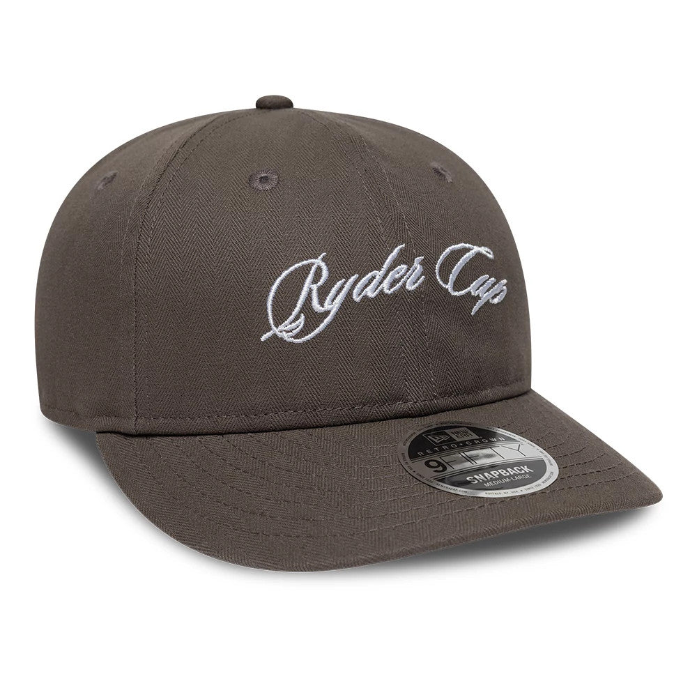 Ryder Cup 2027 Herringbone Grey New Era Retro Crown 9FIFTY Adjustable Cap, front view showing the white Ryder Cup script embroidered on the structured grey crown, with a grey flat visor featuring a 9FIFTY size sticker and herringbone texture.