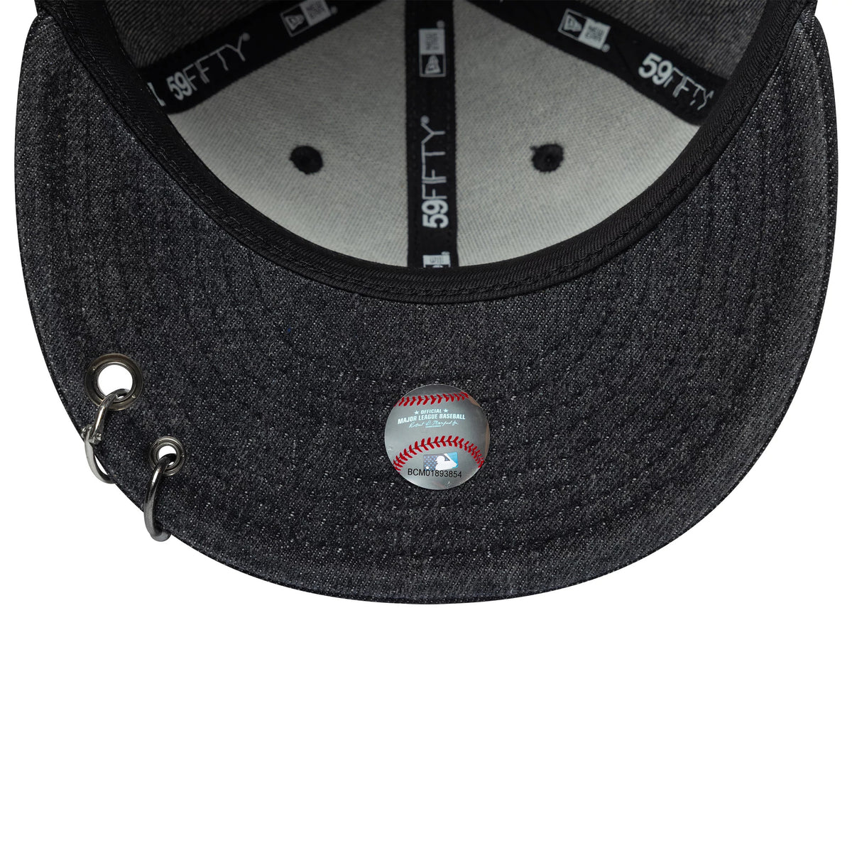 New York Yankees MLB Hardware Washed Black New Era 59FIFTY Fitted Cap, inside view showing the grey inner taping with multiple 59FIFTY logos, a grey sweatband against the black fabric.