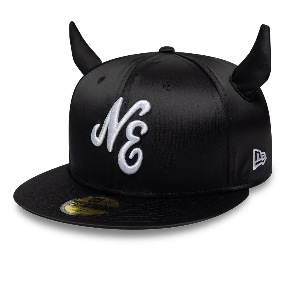 New Era Satin Horn Black 59FIFTY Fitted Cap, front view showing raised white NE embroidery on the front panel, unique black satin horns on the top, and a gold 59FIFTY size sticker on the black flat visor.