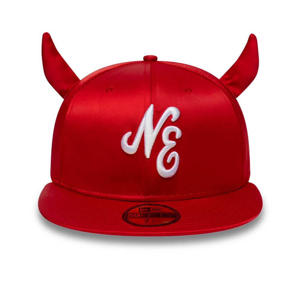 New Era Satin Horn Red 59FIFTY Fitted Cap, front view showing prominent white raised embroidery of the NE logo on the structured satin red crown with unique horn details, a matching red visor and a size sticker on top.