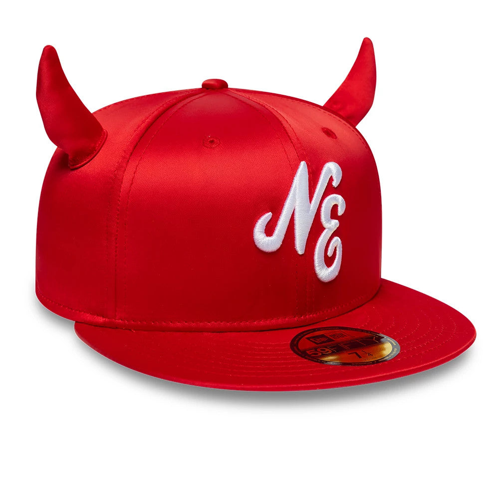 New Era Satin Horn Red 59FIFTY Fitted Cap, three-quarter view showing the white NE embroidered logo on the front panel, unique red horn details on the crown, and a gold 59FIFTY size sticker on the flat red visor.