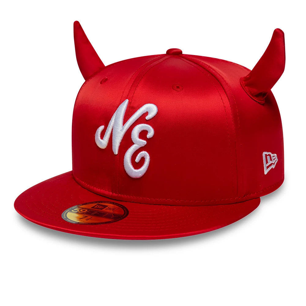 New Era Satin Horn Red 59FIFTY Fitted Cap, front view showing white script NE logo in raised embroidery on the red front panel, with red satin fabric horns atop the crown and a gold 59FIFTY size sticker on the flat red visor.