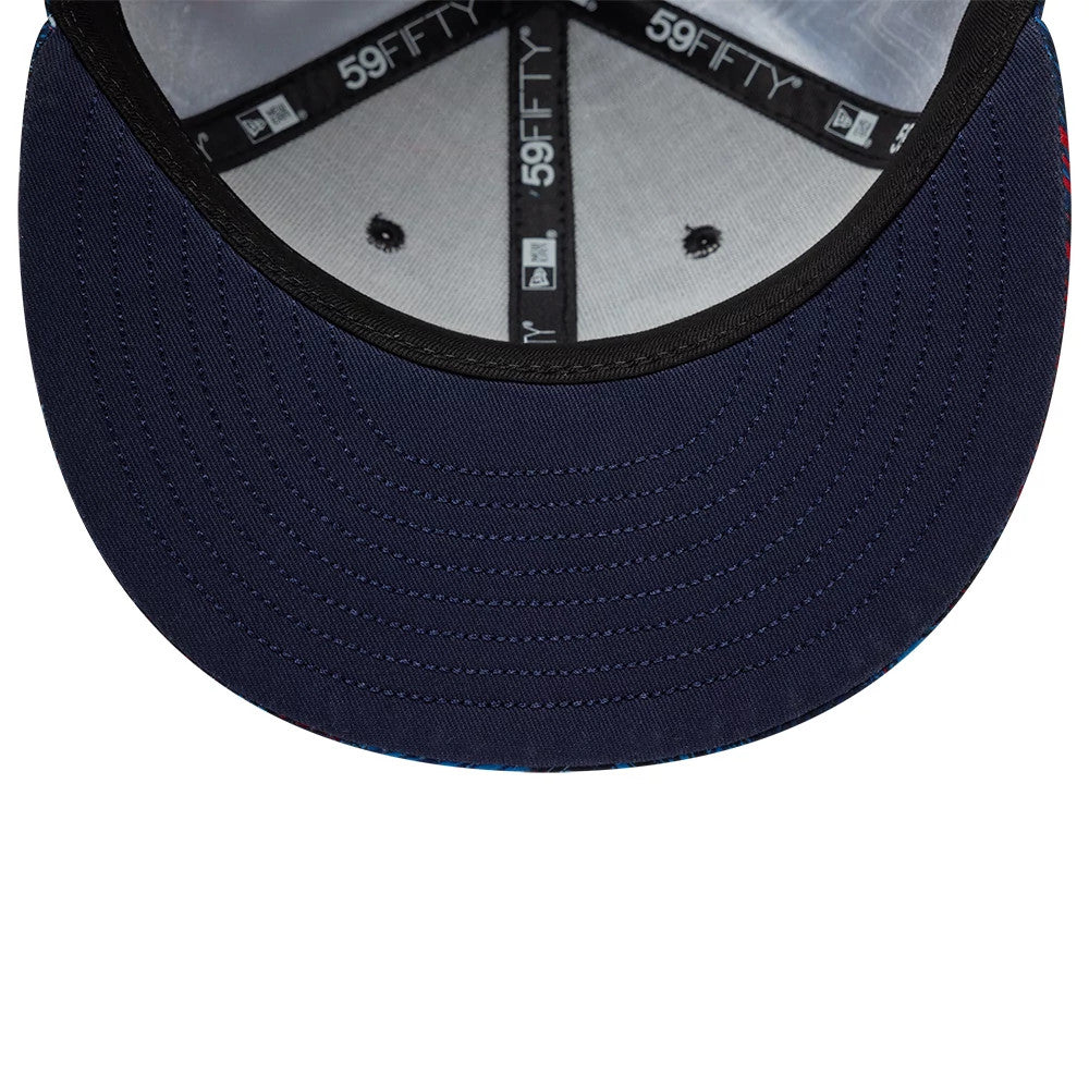 Williams GB Race Special Navy New Era 59FIFTY Fitted Cap, inside view showing the dark navy undervisor with rows of blue stitching, black taping with white 59FIFTY branding on each seam, and contrasting white sweatband.