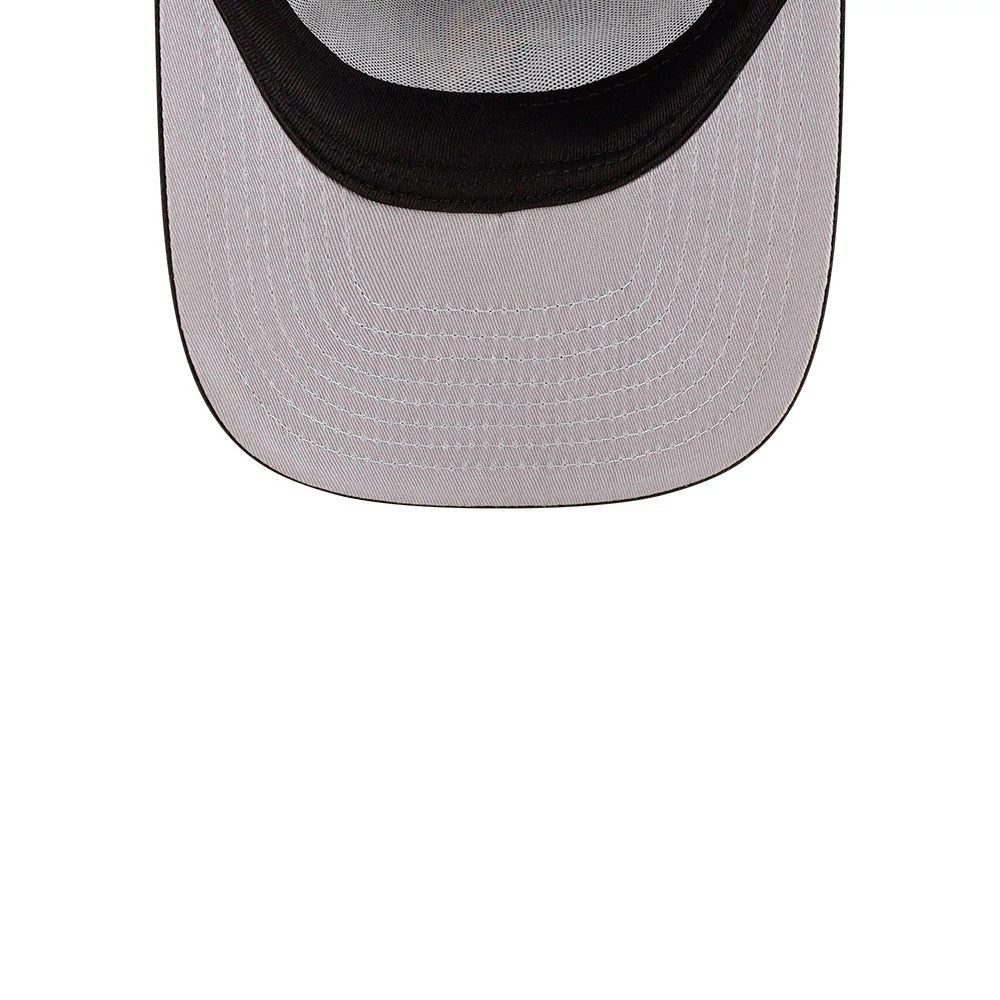 Chicago White Sox MLB Day Of The Dead Black New Era 59FIFTY A-Frame Fitted Cap, inside view showing the grey undervisor with detailed white stitching, a black sweatband running along the inner edge, and partially interior taping.