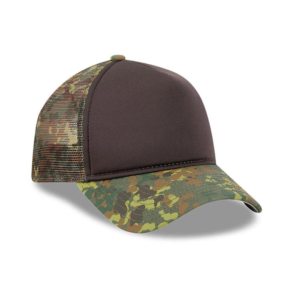 New Era Elevated Basics Green 9FORTY A-Frame Trucker Adjustable Cap, three-quarter view showing the solid brown front panel under a green camouflage visor, with mesh side and back panels for breathability and a top button in matching brown.