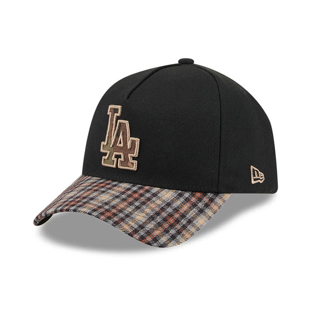 LA Dodgers MLB Fabric Story Black New Era 59FORTY A-Frame Fitted Cap, three-quarter view showing a raised LA logo embroidered in beige on the front panel, a plaid patterned curved visor, and the New Era flag logo embroidered on the left side.