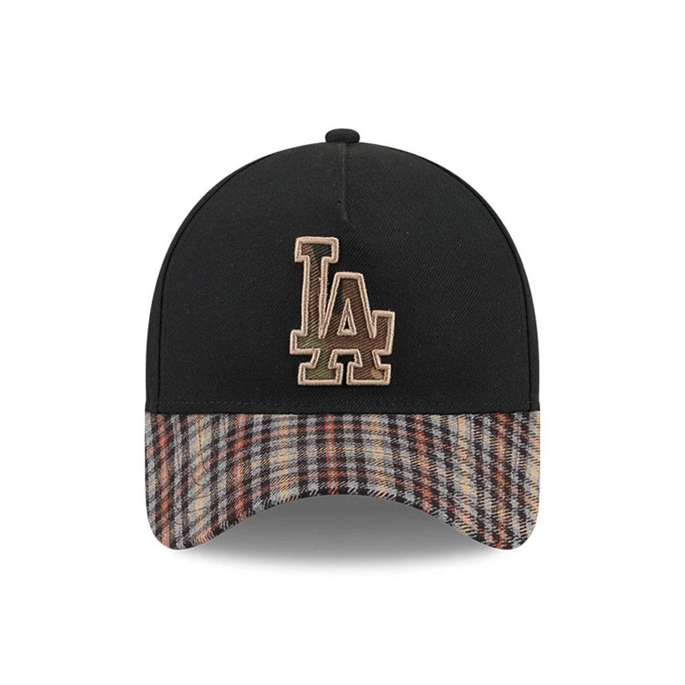LA Dodgers MLB Fabric Story Black New Era 59FORTY A-Frame Fitted Cap, front view showing the raised embroidered tan LA logo centred on a black crown, with a distinctive plaid patterned visor in shades of brown and grey.