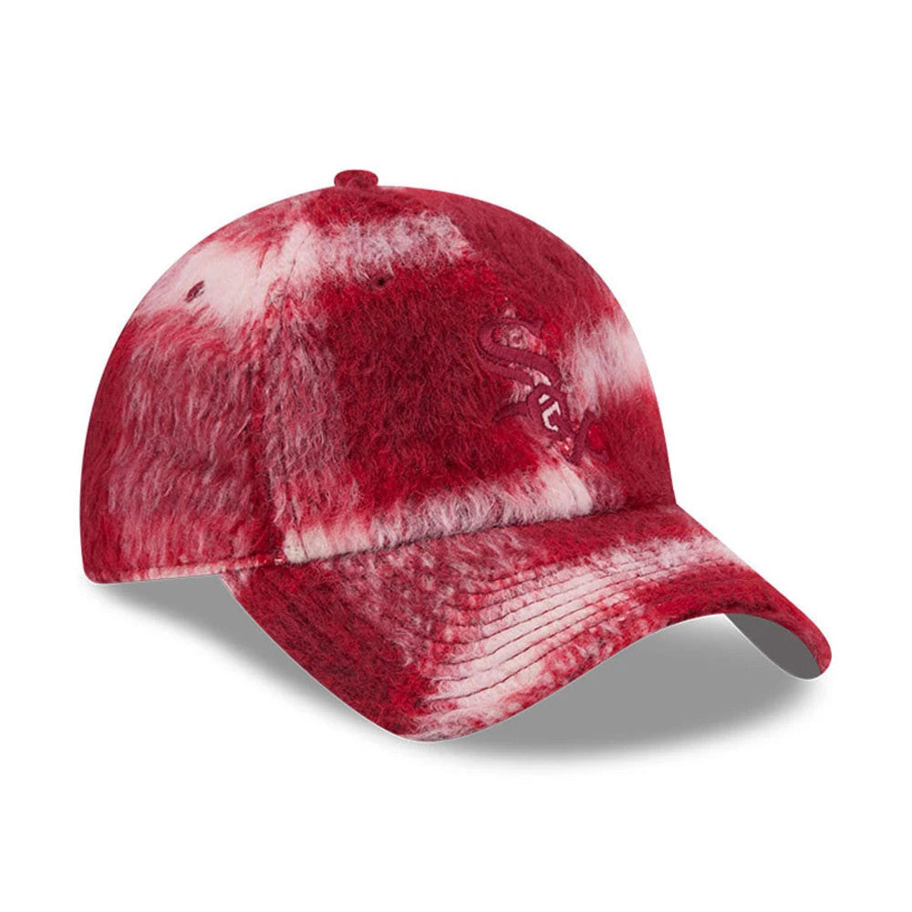 New Era Chicago White Sox MLB Fabric Story Red Casual Classic Adjustable Cap, three-quarter view showing the white and red textured fabric with a embroidered Red Sox logo on the front panel and a pre-curved visor.