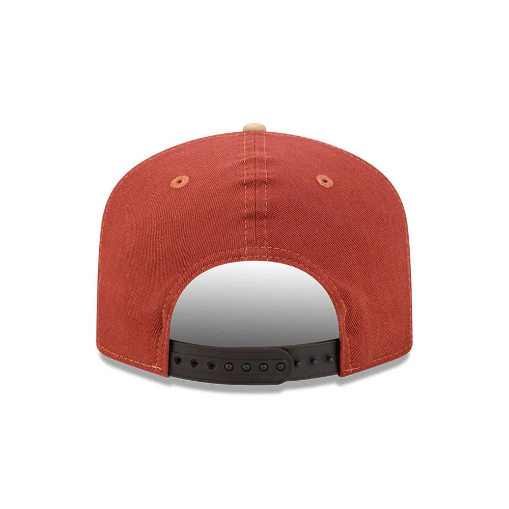Chicago White Sox MLB Fall Story Multi New Era 19TWENTY Adjustable Cap, rear view showing the unembellished back in a warm rust colour, beige top button and contrasting brown adjustable strap with a snap closure.