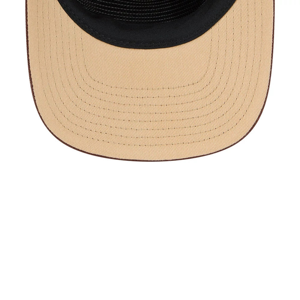 New York Yankees MLB Fall Story Multi New Era 19TWENTY Adjustable Cap, top view showing the beige curved visor with brown stitching, a black crown with textured fabric, and a seamless transition between the visor and crown.