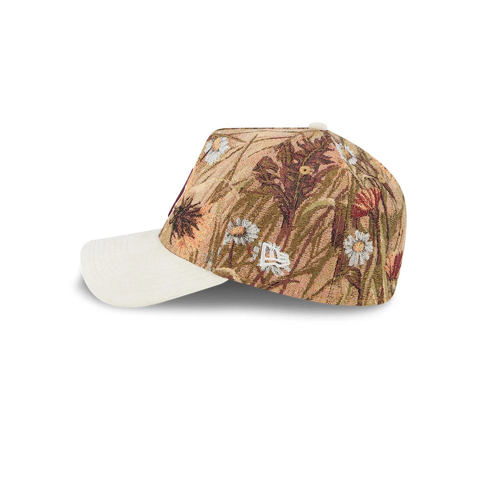 LA Dodgers MLB Fall Story Brown New Era 59FORTY A-Frame Fitted Cap, side view showing embroidered floral patterns on the brown crown, the white New Era flag logo on the left side, and a cream-coloured curved visor with textured lines.