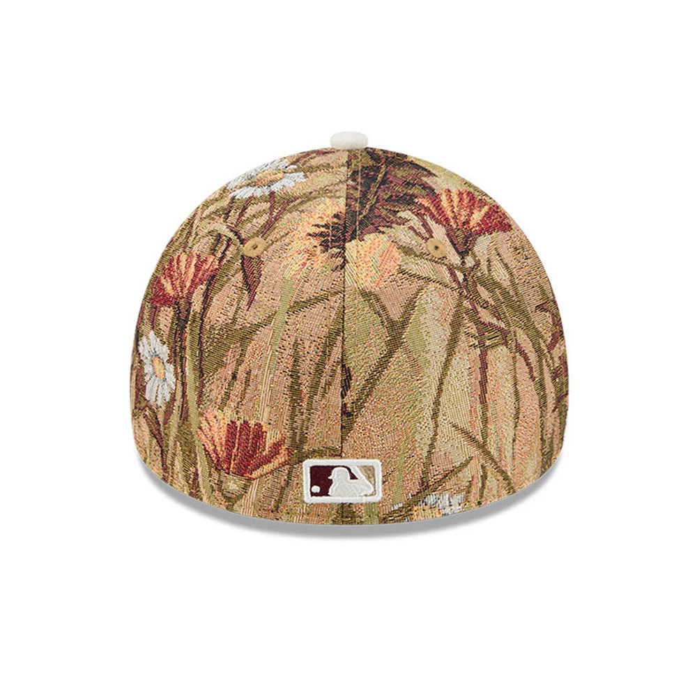LA Dodgers MLB Fall Story Brown New Era 59FORTY A-Frame Fitted Cap, rear view showing the embroidered MLB Batterman logo at the centre bottom of the floral-patterned crown, with earthy tones and decorative floral motifs throughout the panels.