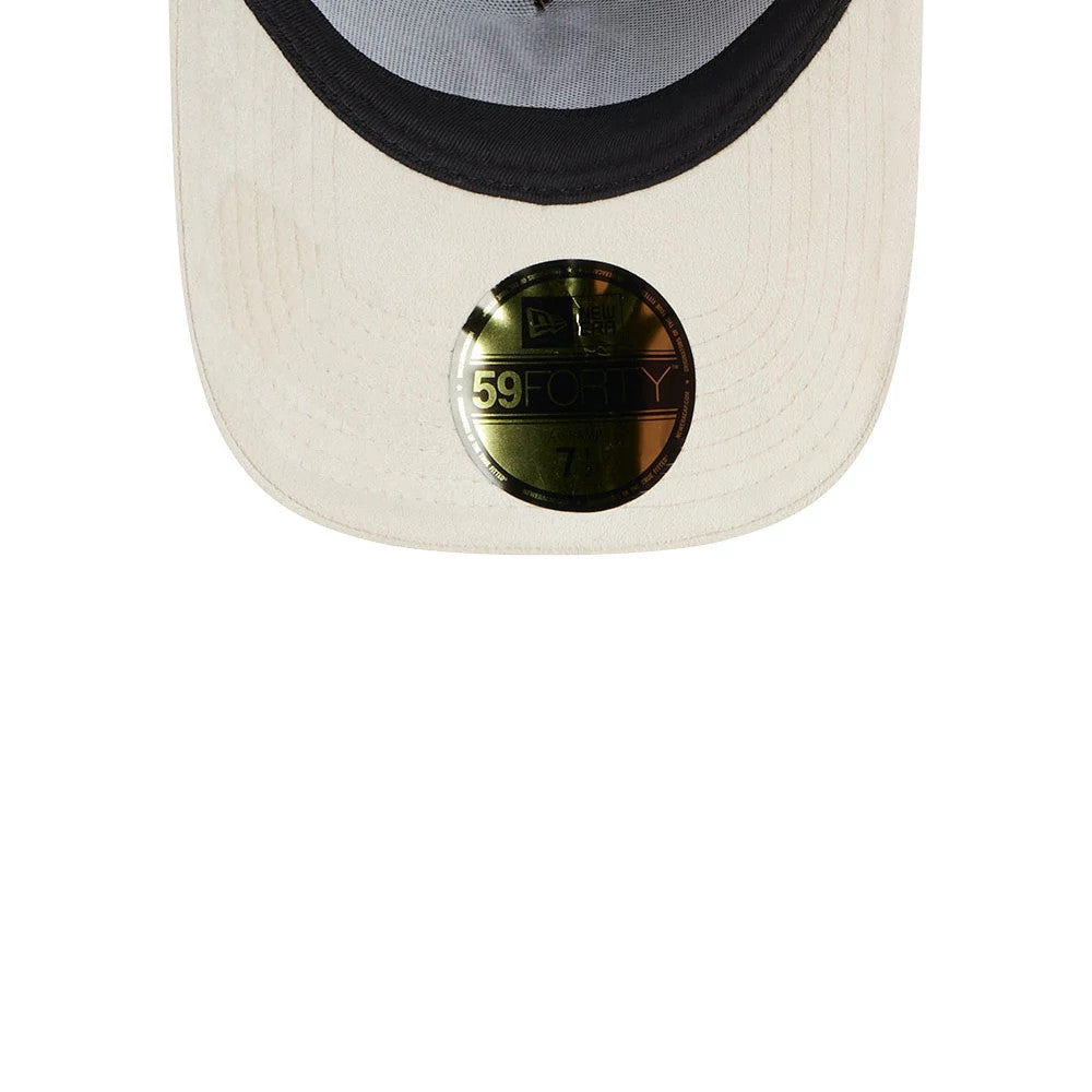 Yankees MLB Fall Story Brown New Era 59FORTY A-Frame Fitted Cap, inside view featuring a light grey undervisor, contrasting black sweatband, and a prominent gold 59FORTY size sticker centrally placed on the visor.