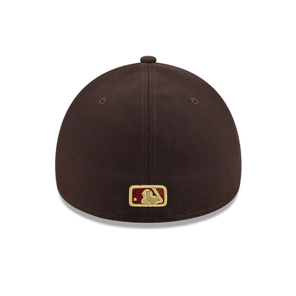 LA Dodgers MLB Fall Story Dark Brown New Era 59FORTY A-Frame Fitted Cap, rear view showing the gold and burgundy embroidered MLB Batterman logo centred on the back panels, with dark brown eyelets and a matching top button on the structured crown.