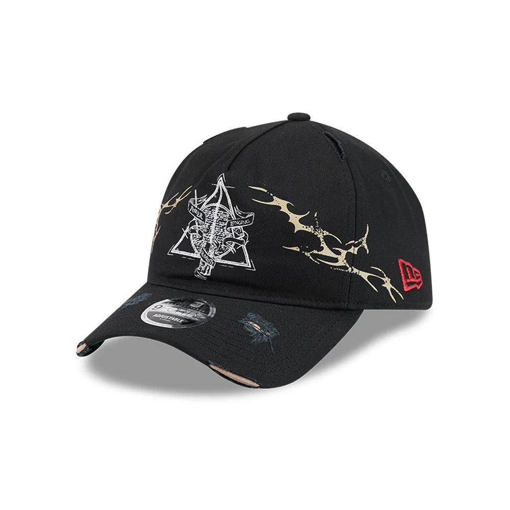 Harry Potter Deathly Hallows Black New Era 9FORTY A-Frame Unstructured Cap, three-quarter view showing a detailed white embroidered Deathly Hallows symbol on the front panel, gold graphic design extending to the visor.