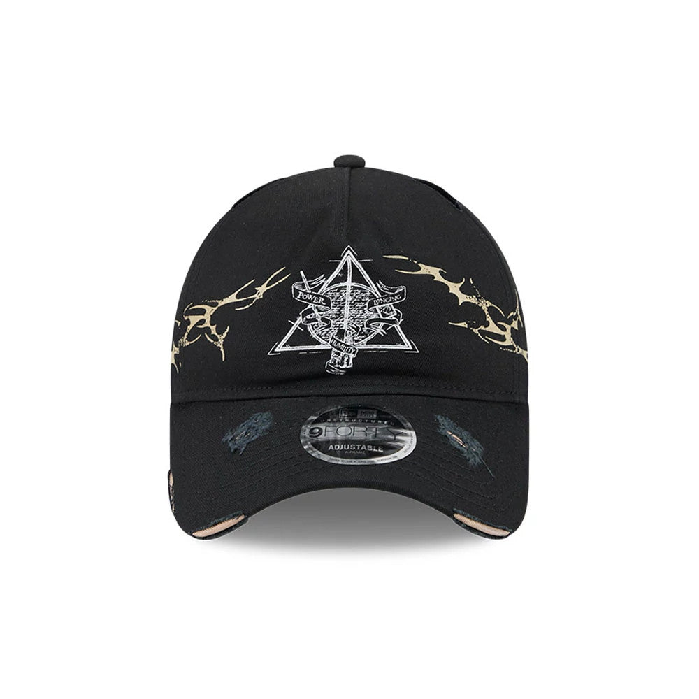 Harry Potter Deathly Hallows Black New Era 9FORTY A-Frame Unstructured Cap, front view showing a white embroidered Deathly Hallows symbol with a wand, stone, and cloak image, distressed on the black curved visor, and 9FORTY size sticker.