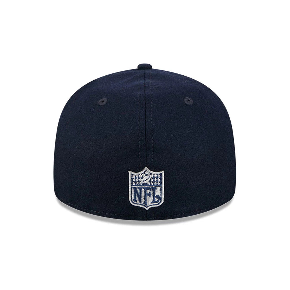 Dallas Cowboys NFL Historic Arch Dark Blue Retro Crown New Era 59FIFTY Fitted Cap, rear view showing the white embroidered NFL Shield logo at the centre of the back panels, evenly positioned on the structured dark blue crown.
