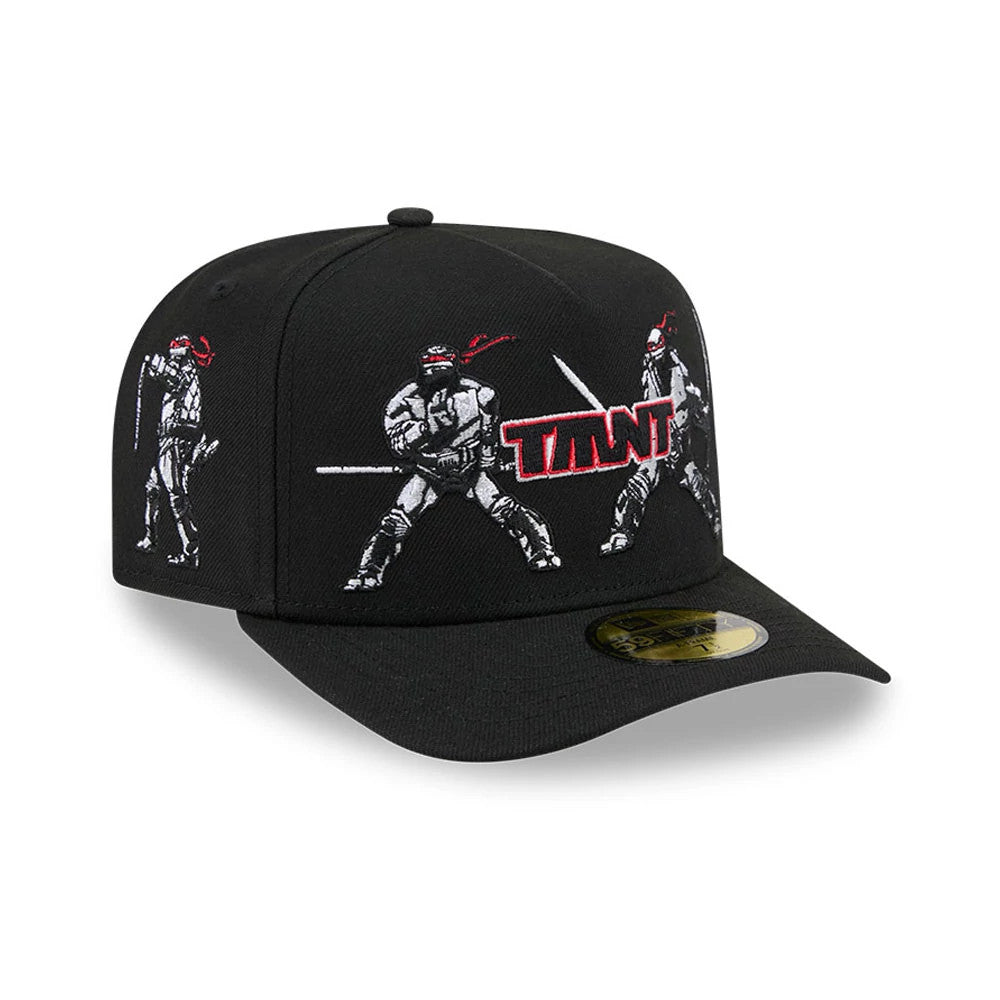 Teenage Mutant Ninja Heroes Black New Era 59FIFTY A-Frame Fitted Cap, three-quarter view showing raised TMNT lettering and embroidered Ninja Turtles in white with red masks on the front panels, a black visor and a gold 59FIFTY size sticker.