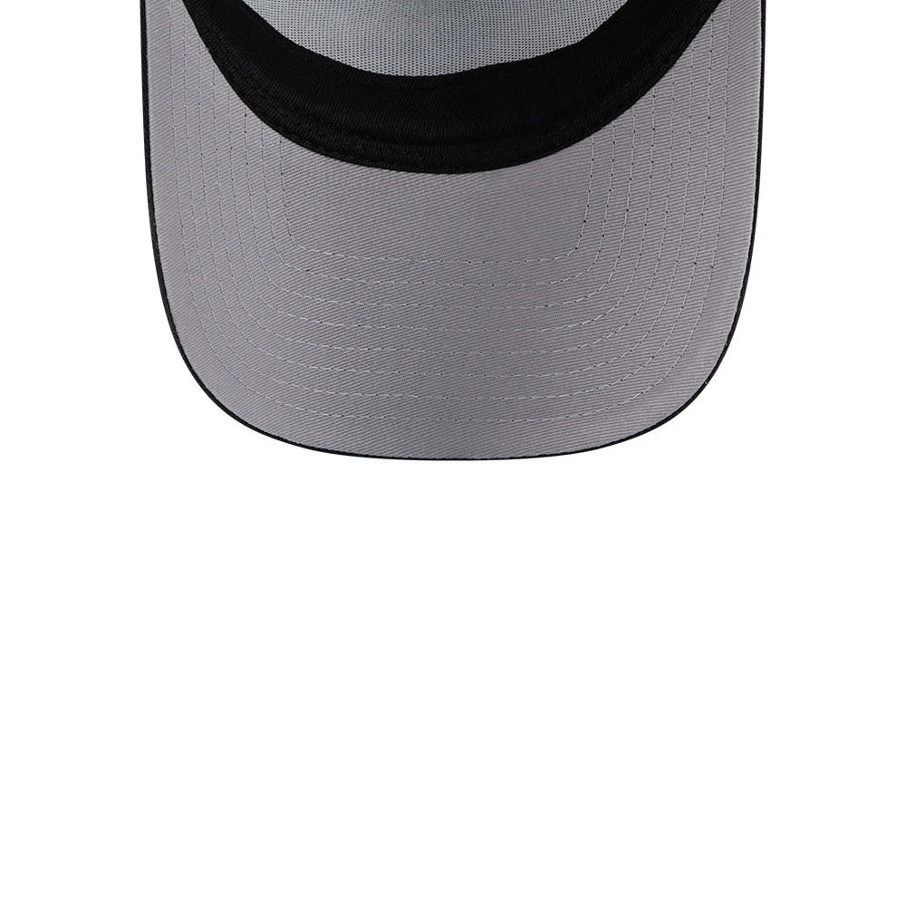 TMNT Splinter White & Black New Era 9FORTY A-Frame Trucker Adjustable Cap, inside view showing a grey undervisor, black sweatband along the inside edge, and white mesh panel with black stitching.