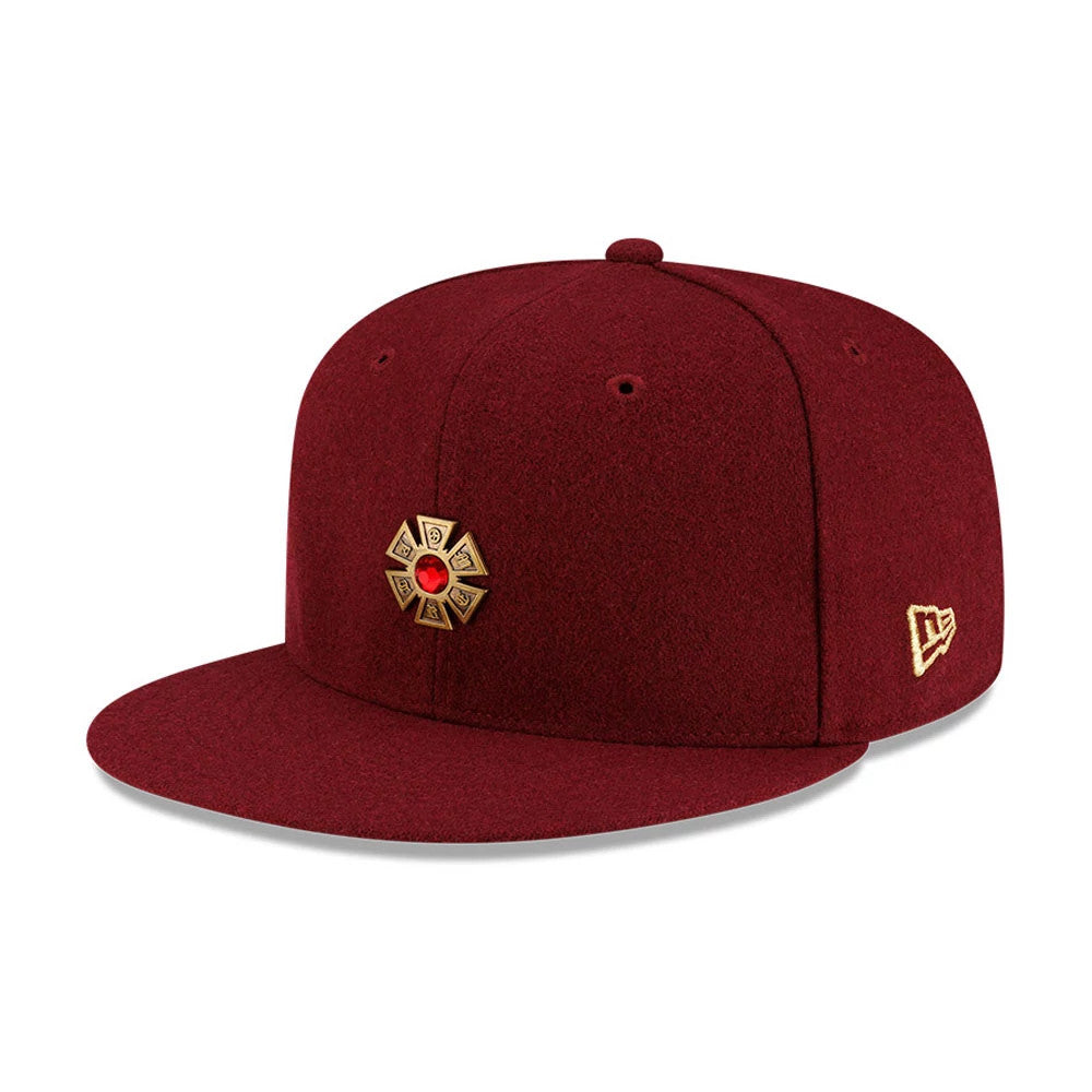 Pictured is this New Era X J Balvin & Ryan Castro Omerta New Era 59FIFTY Fitted cap in dark red. 3