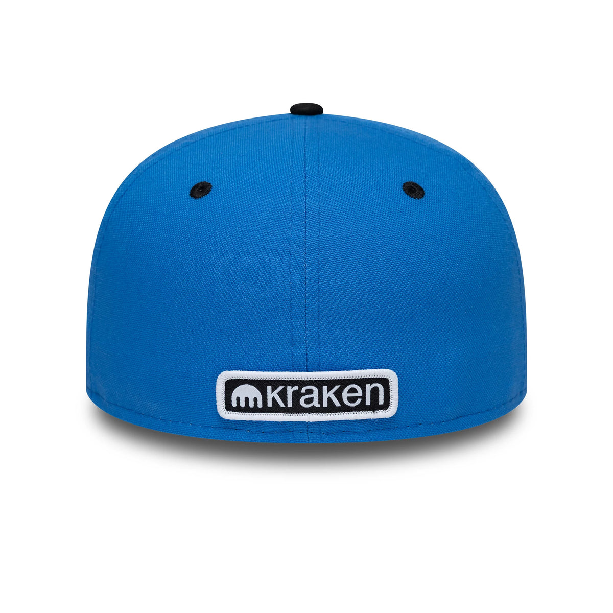 Williams Vegas Race Special Black New Era 59FIFTY Fitted Cap, rear view showing the embroidered Kraken logo in white and black centred at the bottom of the bright blue back panels, with black eyelets and a matching top button.