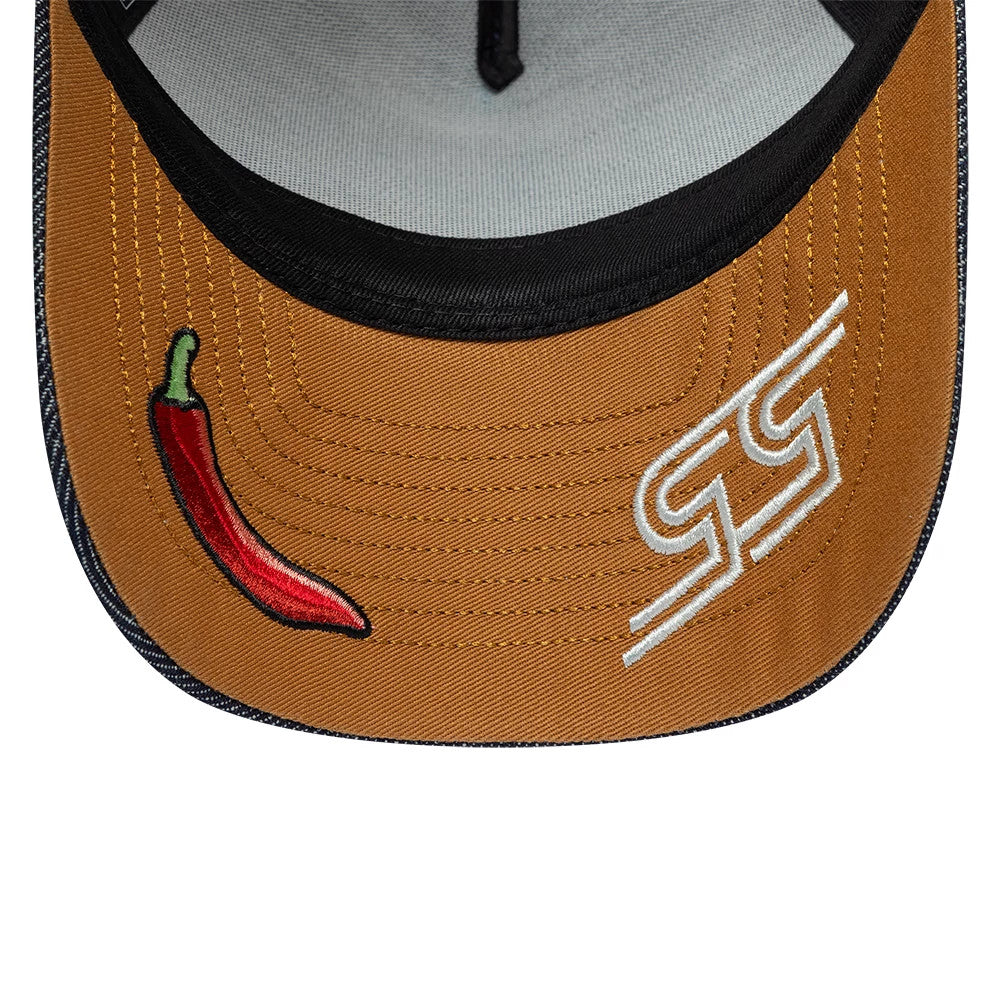 Williams Carlos Sainz Austin Race Special Navy New Era 9FORTY E-Frame Trucker Adjustable Cap, inside view showing a grey undervisor with a peach embroidered chilli pepper and white CS logo on the brown upper visor surface.