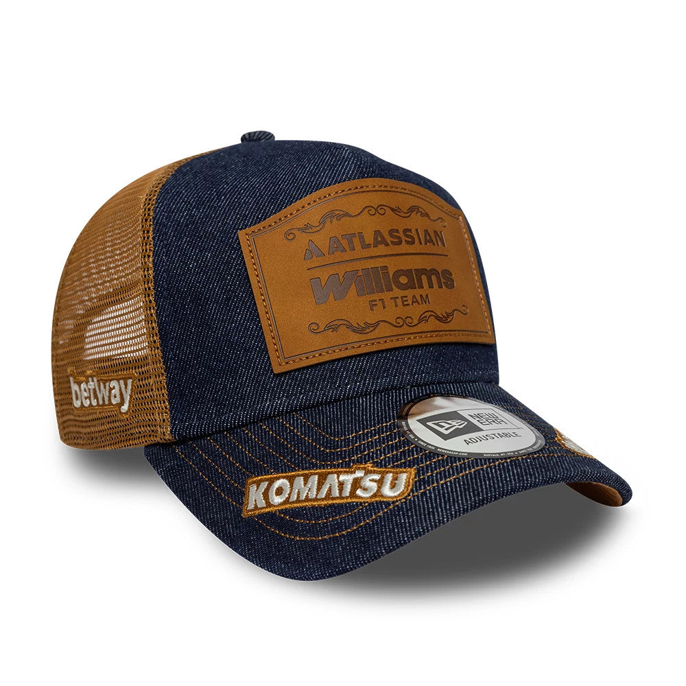 Pictured is this Williams Alex Albon Austin Race Special 9FORTY E-Frame Trucker cap in navy. 1
