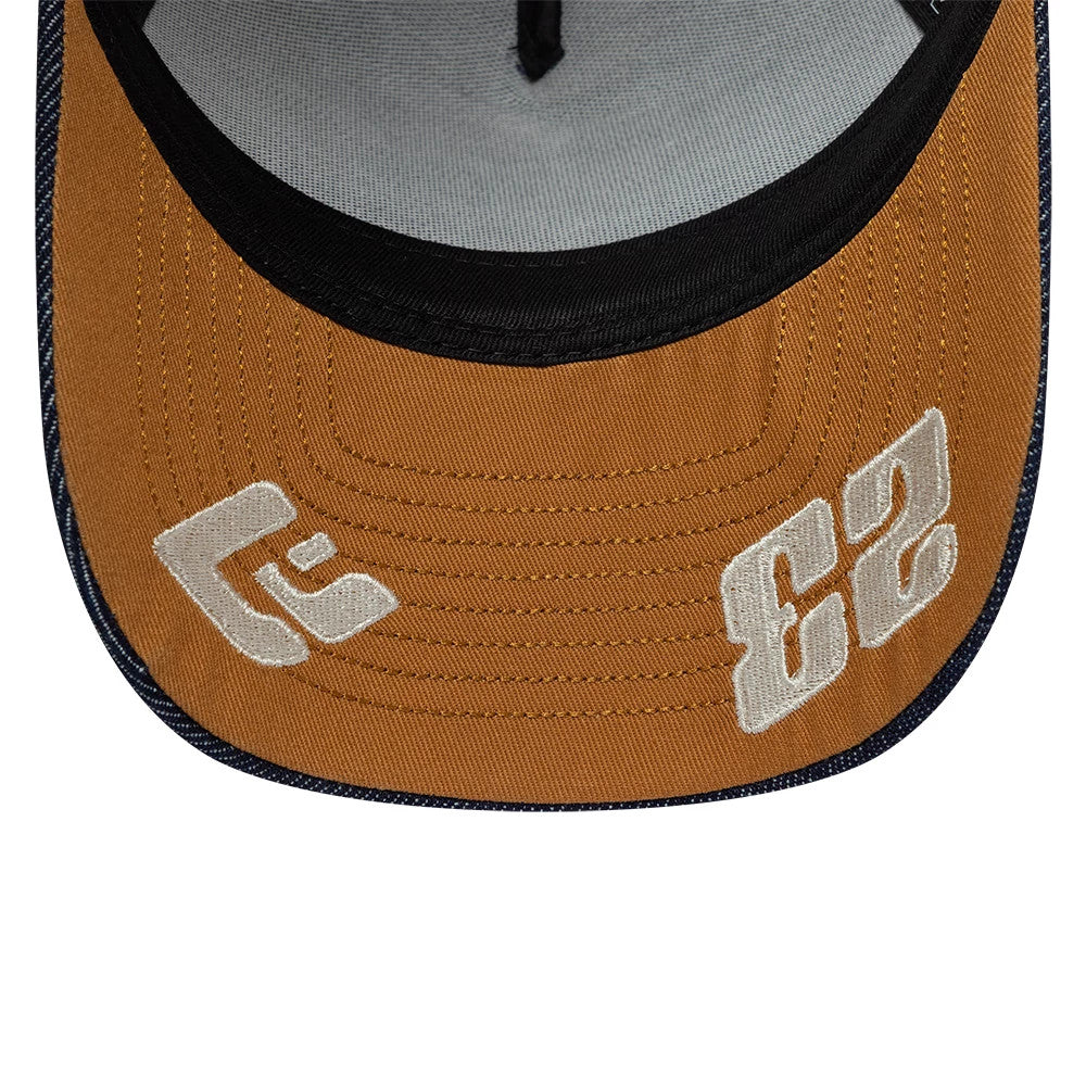Williams Alex Albon Austin Race Special Navy New Era 9FORTY E-Frame Trucker Adjustable Cap, inside view showing a grey undervisor, black sweatband and orange visor with white embroidered logos featuring an A logo and the number 23.