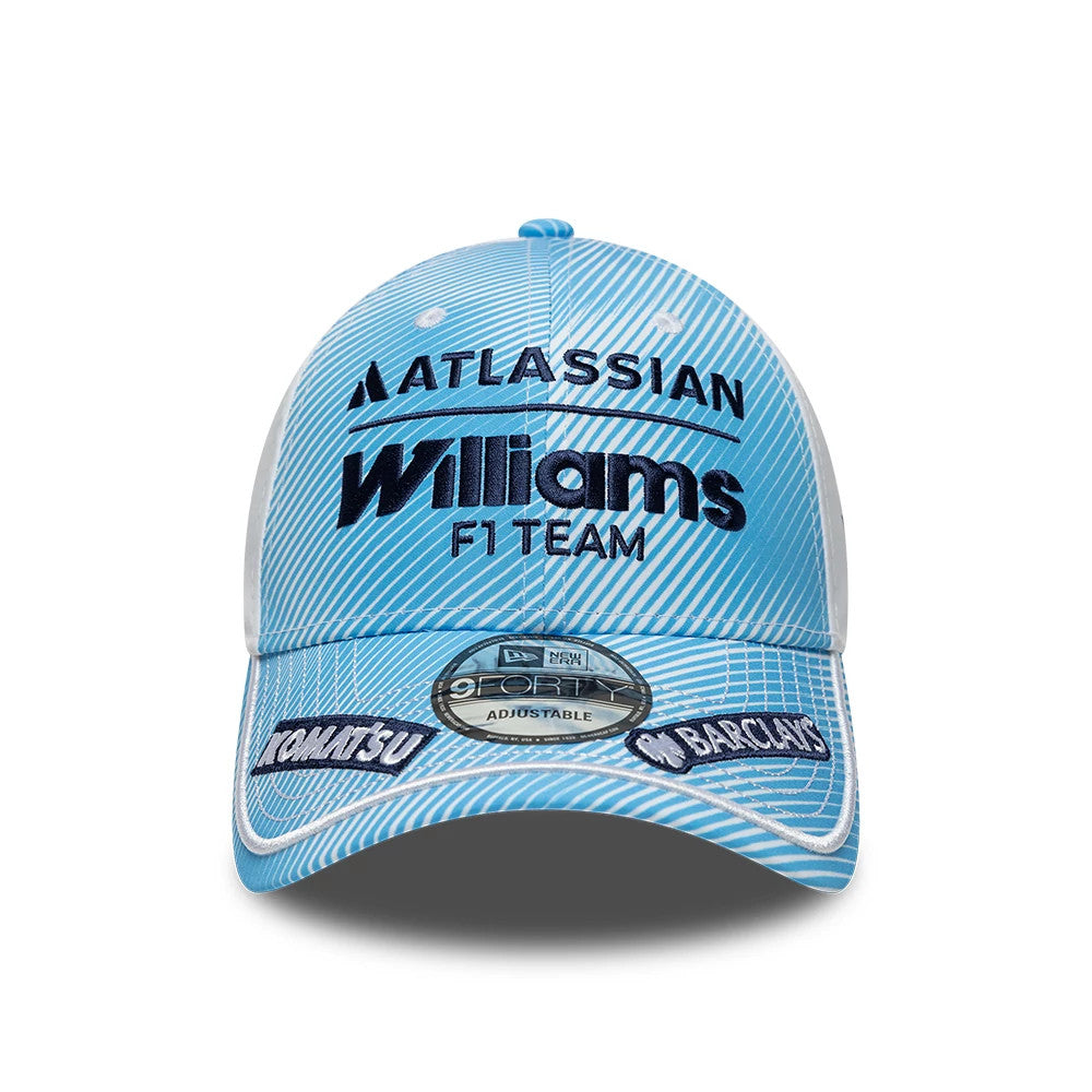 Williams Carlos Sainz Spain Race Special Blue New Era 9FORTY Adjustable Cap, front view showing the dark blue embroidered Williams F1 Team logo on the structured crown, with a New Era 9FORTY size sticker on the multi-patch visor.