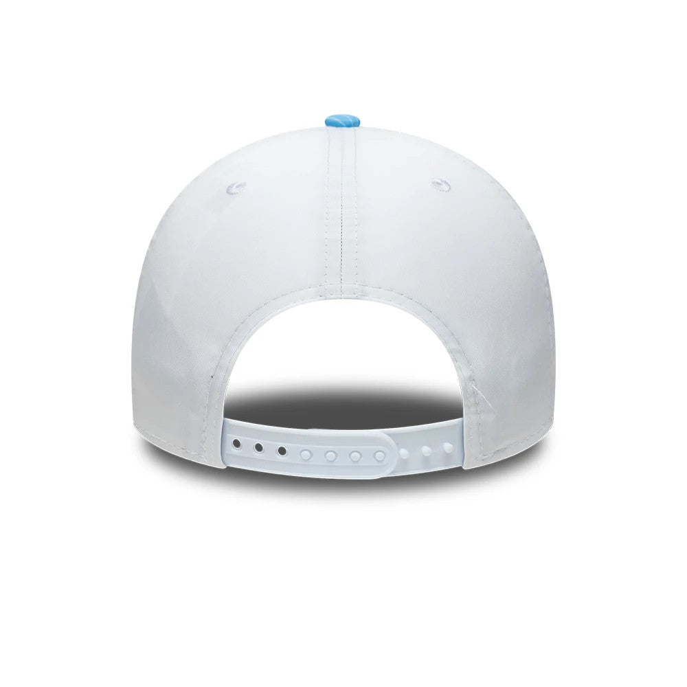 Williams Carlos Sainz Spain Race Special Blue New Era 9FORTY Adjustable Cap, rear view showing a structured white crown with a light blue top button, embroidered eyelets, and an adjustable strap at the centre back for a customised fit.